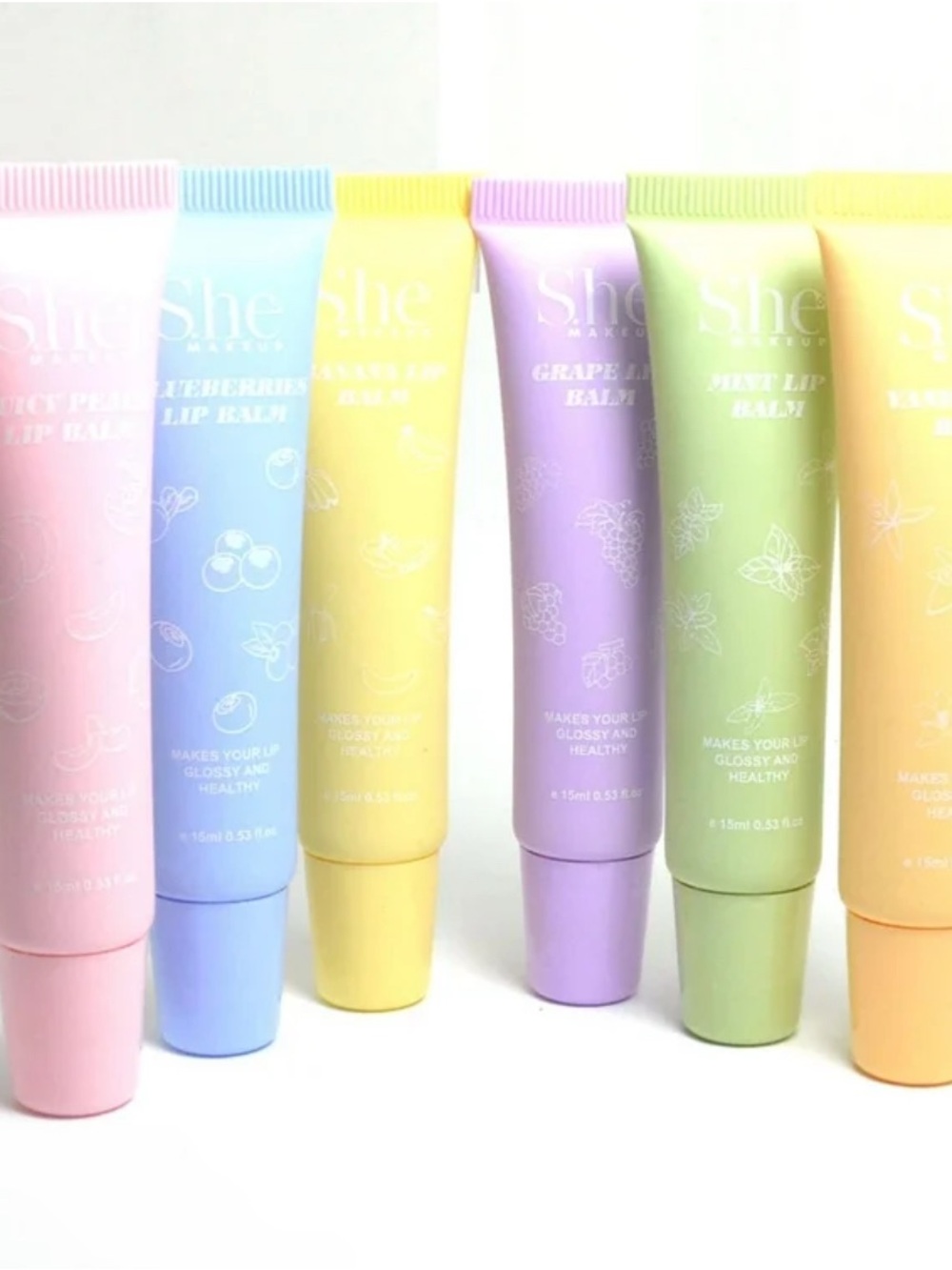 New She Lip Balm Bundle - Peach, Blueberry, Vanilla,Grape, Mint, Banana